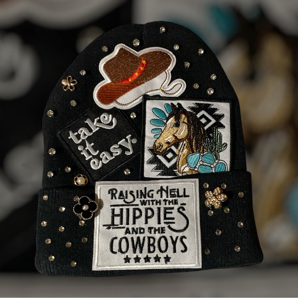 Black and Brown Beanie with Patches and Embroidery